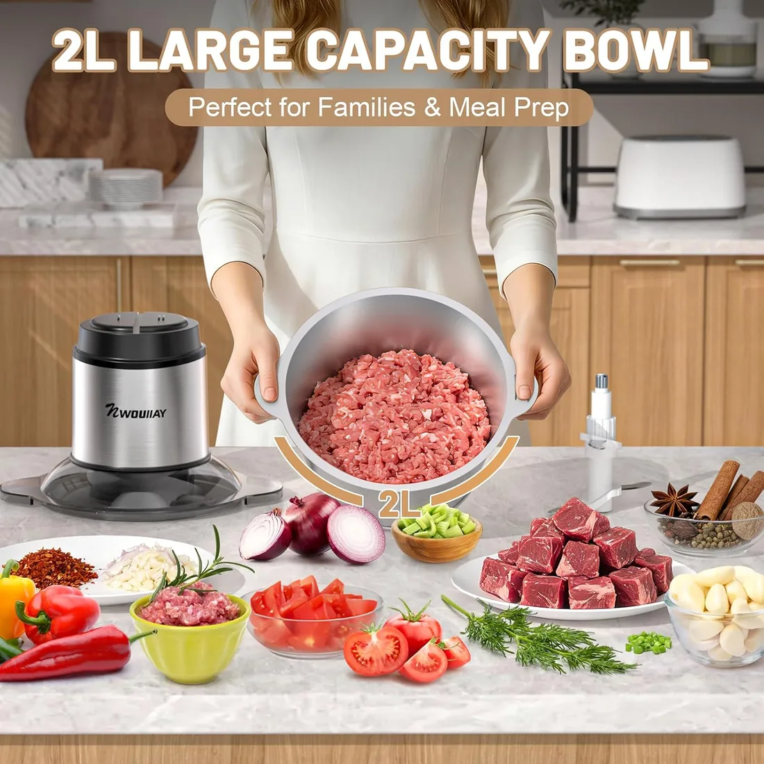 Picadora de Carne 2L 300W 2 Velocidades y 4 Cuchillas de Acero Inoxidable | Picadora Eléctrica de Alimentos con Diseño Desmontable y Fácil Limpieza, Ideal para Carne, Verduras y Frutas foto 2