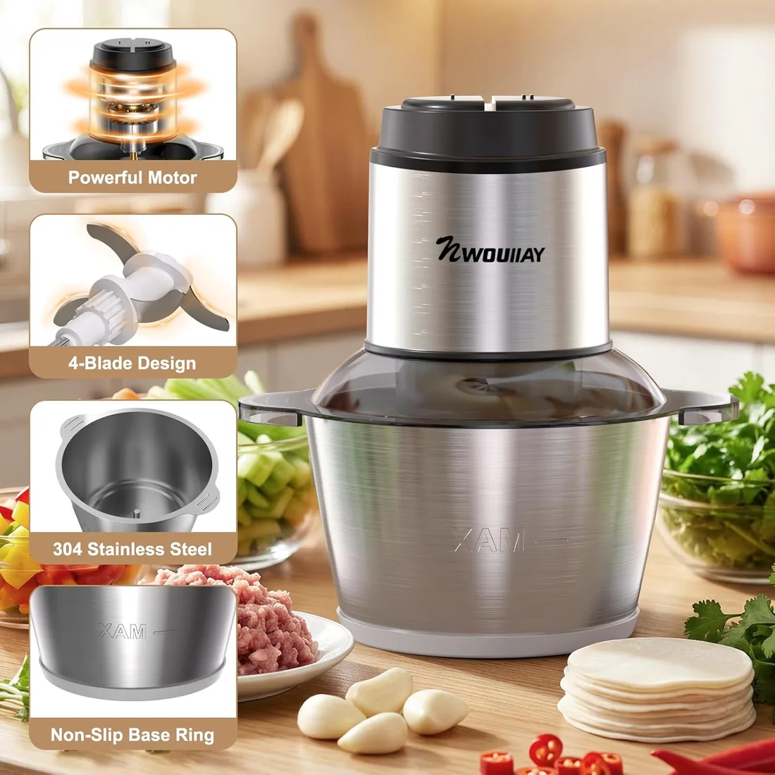 Picadora de Carne 2L 300W 2 Velocidades y 4 Cuchillas de Acero Inoxidable | Picadora Eléctrica de Alimentos con Diseño Desmontable y Fácil Limpieza, Ideal para Carne, Verduras y Frutas foto 3