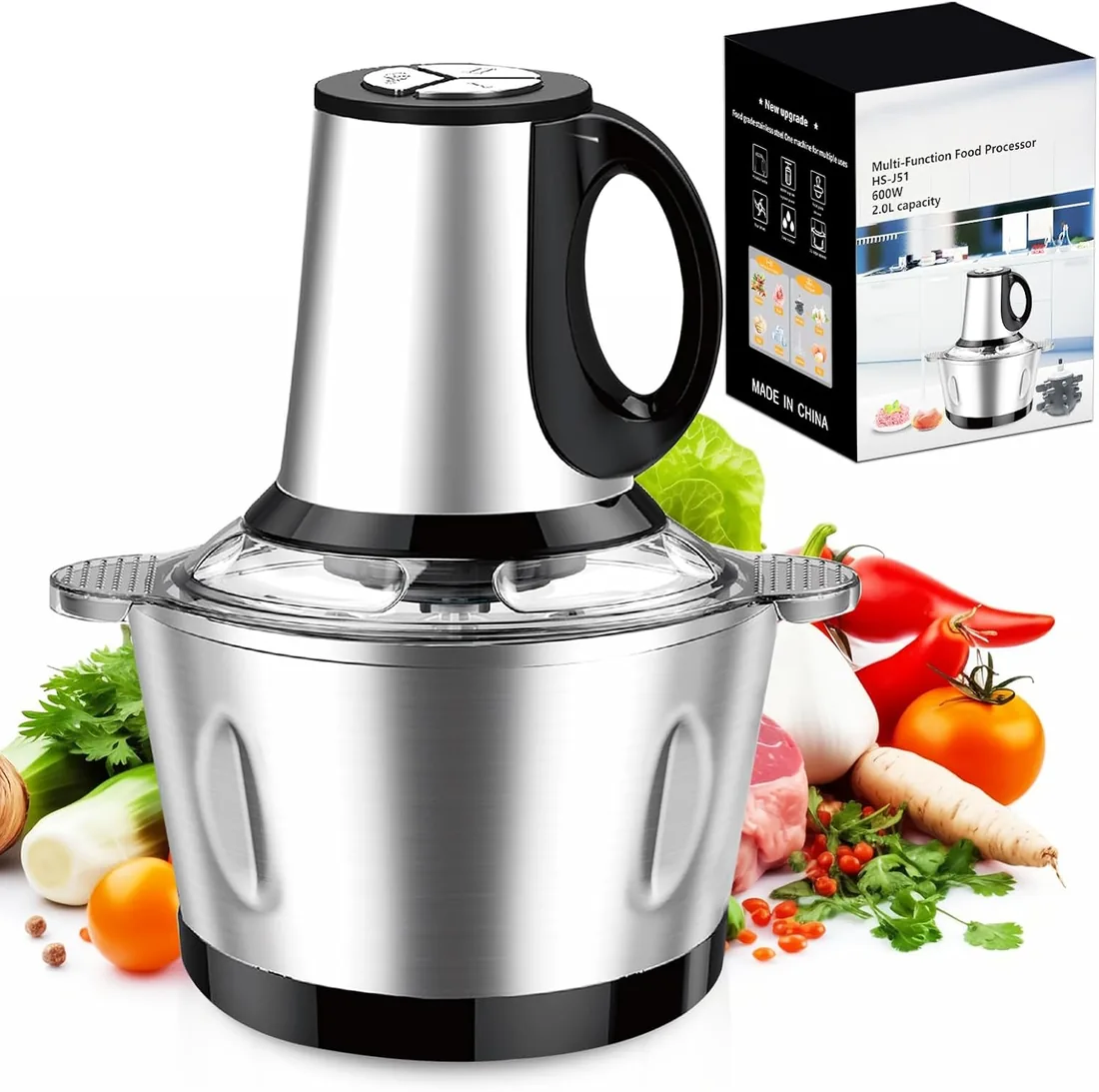 Picadora eléctrica de 600 W, cuenco de acero inoxidable de 2 litros, 3 velocidades, procesador de alimentos para carne, verduras, ajo, nueces