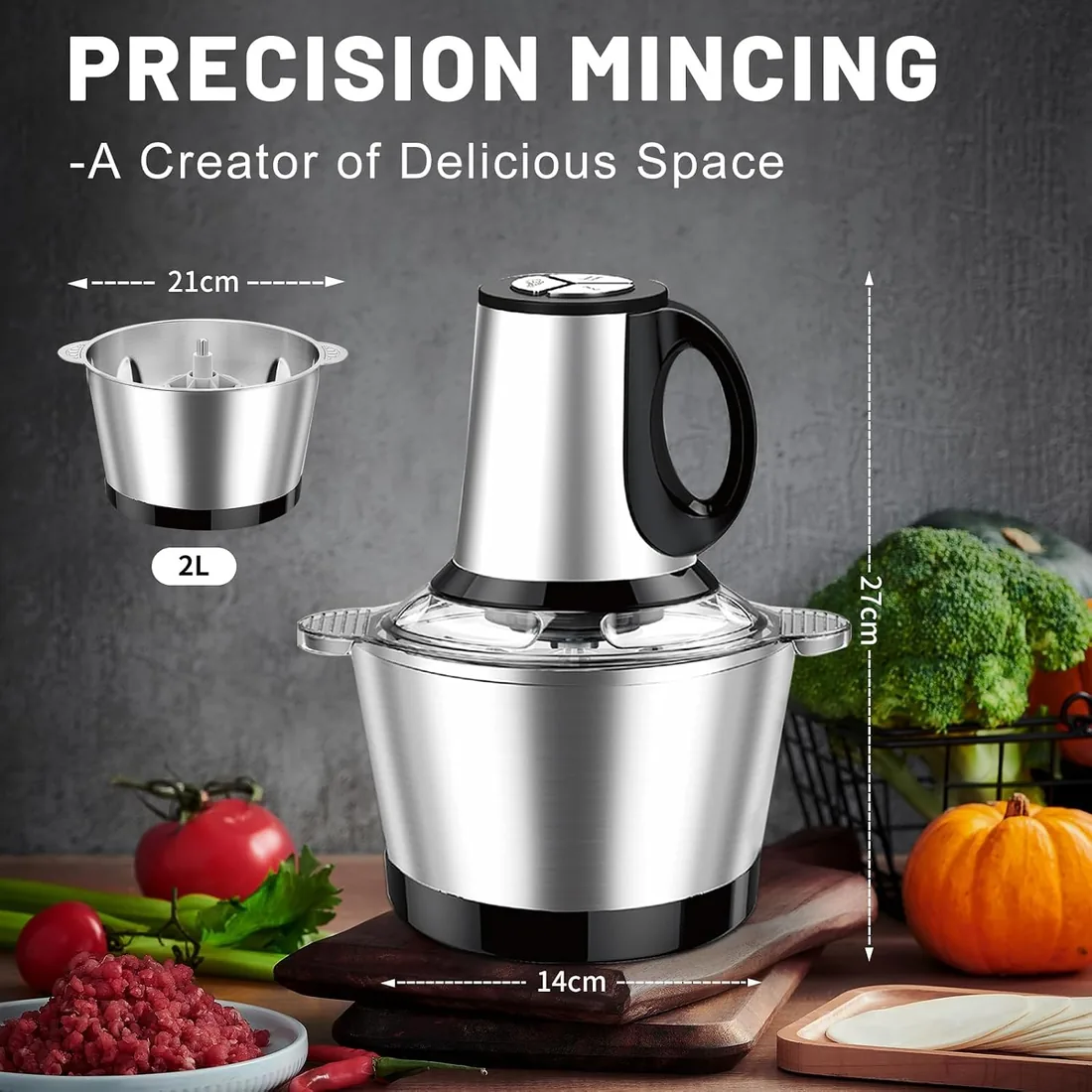 Picadora eléctrica de 600 W, cuenco de acero inoxidable de 2 litros, 3 velocidades, procesador de alimentos para carne, verduras, ajo, nueces foto 2