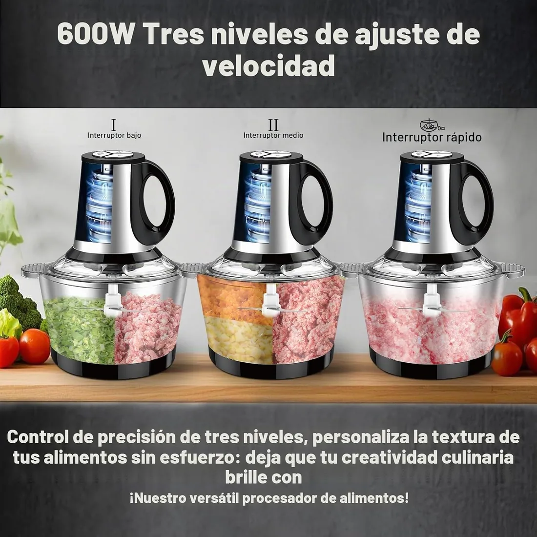 Picadora eléctrica de 600 W, cuenco de acero inoxidable de 2 litros, 3 velocidades, procesador de alimentos para carne, verduras, ajo, nueces foto 3