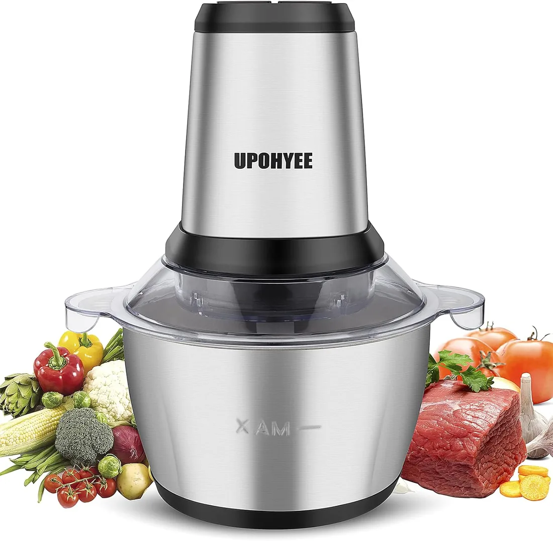 Picadora Eléctrica de Alimentos 600W y Capacidad 2L Trituradora de Alimentos 4 Cuchillas Acero Inoxidable Picadora de Carne 2 Velocidades para Frutas Verduras Carne Especias