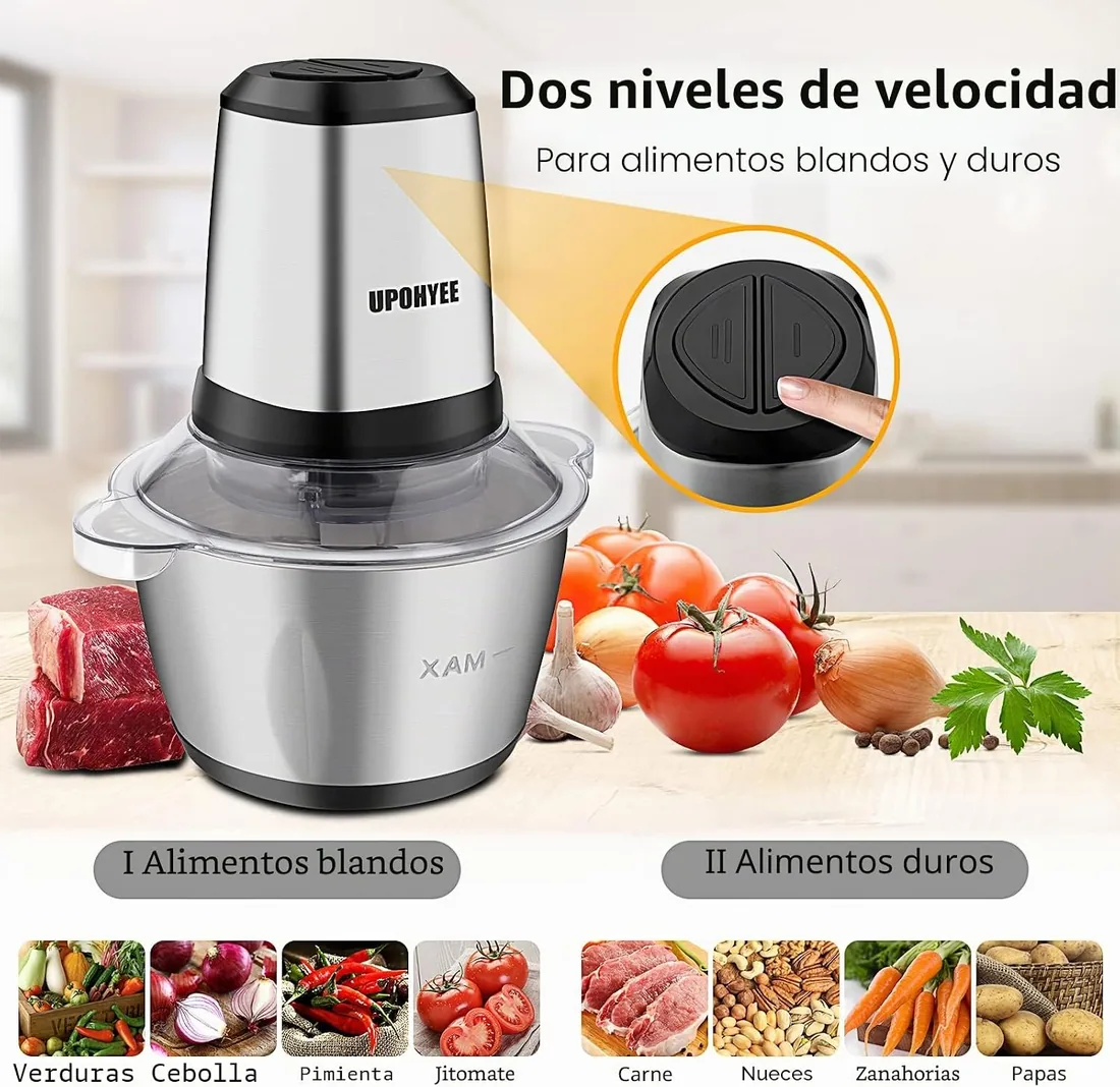 Picadora Eléctrica de Alimentos 600W y Capacidad 2L Trituradora de Alimentos 4 Cuchillas Acero Inoxidable Picadora de Carne 2 Velocidades para Frutas Verduras Carne Especias foto 2