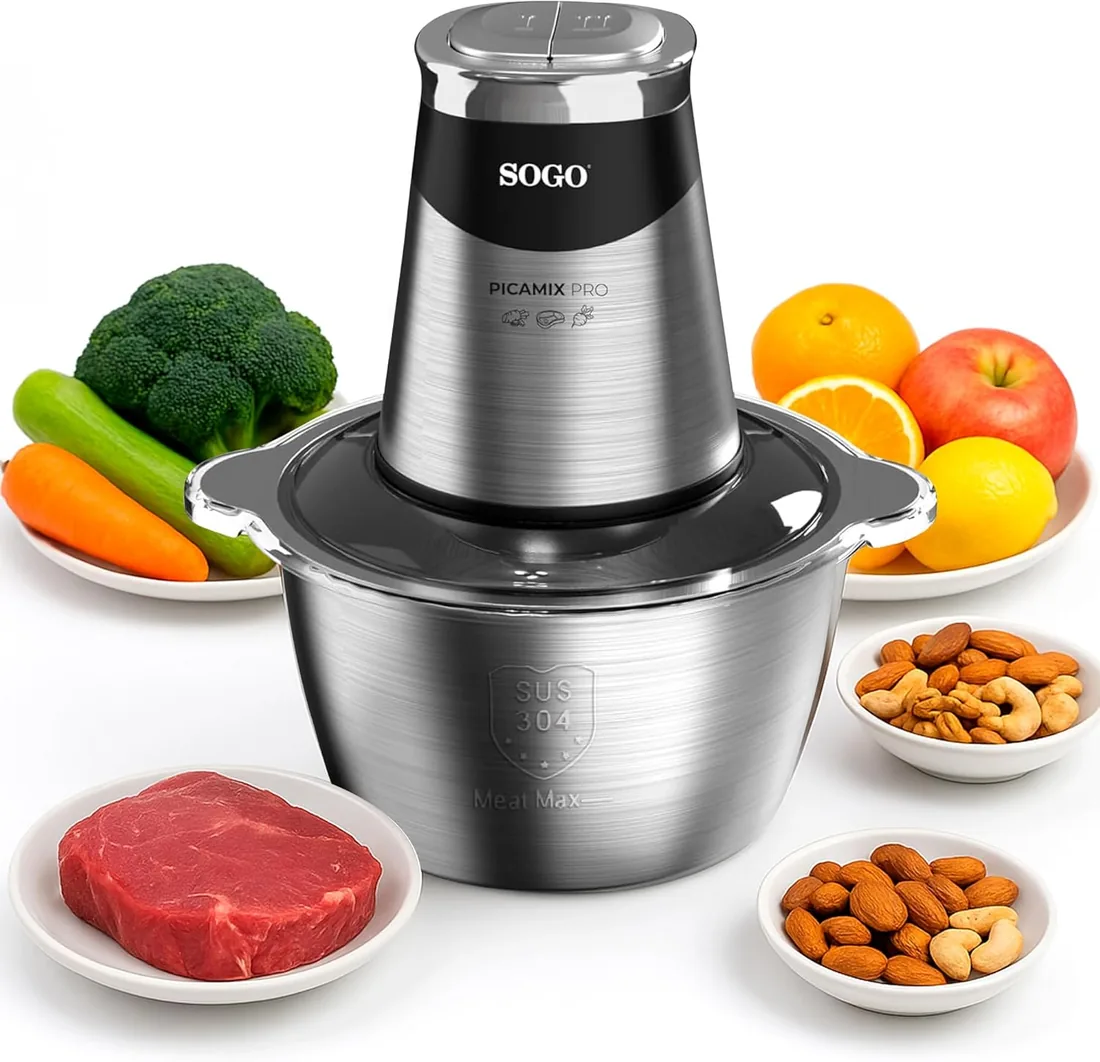 Sogo Picadora Eléctrica con Función de Doble Velocidad - Picadora de Carne, Verduras, Frutas, Frutos Secos - Procesador de Alimentos con 4 Cuchillas Afiladas y Eficientes - Trituradora de Alimentos