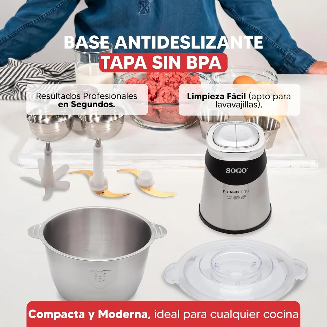 Sogo Picadora Eléctrica con Función de Doble Velocidad - Picadora de Carne, Verduras, Frutas, Frutos Secos - Procesador de Alimentos con 4 Cuchillas Afiladas y Eficientes - Trituradora de Alimentos foto 2