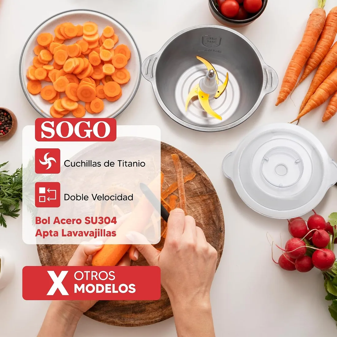 Sogo Picadora Eléctrica con Función de Doble Velocidad - Picadora de Carne, Verduras, Frutas, Frutos Secos - Procesador de Alimentos con 4 Cuchillas Afiladas y Eficientes - Trituradora de Alimentos foto 3