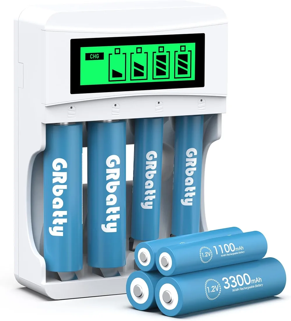 Cargador LCD Pilas Recargables AA y AAA Ni-MH, 1,2V | 4 AA 3300mAh, 4 AAA 1100mAh, 1200 ciclos, Para mandos a distancia, relojes, linternas, radios portátiles, juguetes