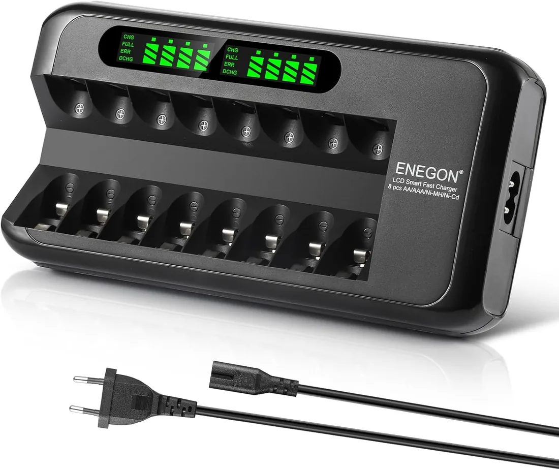 ENEGON Cargador Rápido Inteligente para Pilas Recargables AA AAA Ni-MH Ni-CD con Pantalla LCD, 8 Slots Independientes, Protección y Adaptador de Corriente 100-240V