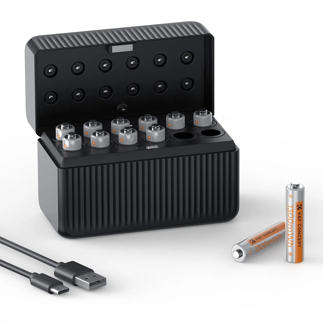 K&F CONCEPT Pilas AAA Litio Recargables 1300mWh 1,5V 12 Uds Cargador Type-C | Pilas AAA litio recargables, 1300mWh, 1,5V constantes, 1600 ciclos, 12 pilas, carga completa en 4,5h