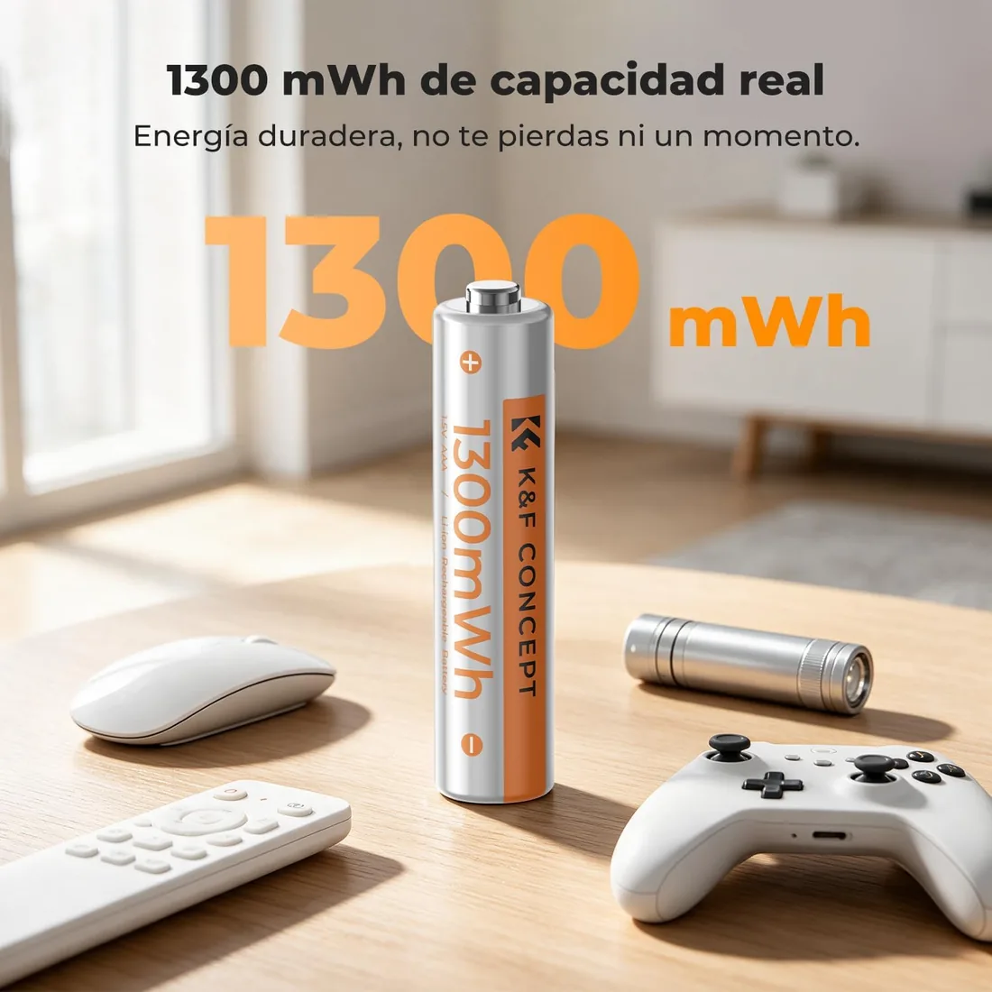 K&F CONCEPT Pilas AAA Litio Recargables 1300mWh 1,5V 12 Uds Cargador Type-C | Pilas AAA litio recargables, 1300mWh, 1,5V constantes, 1600 ciclos, 12 pilas, carga completa en 4,5h foto 2