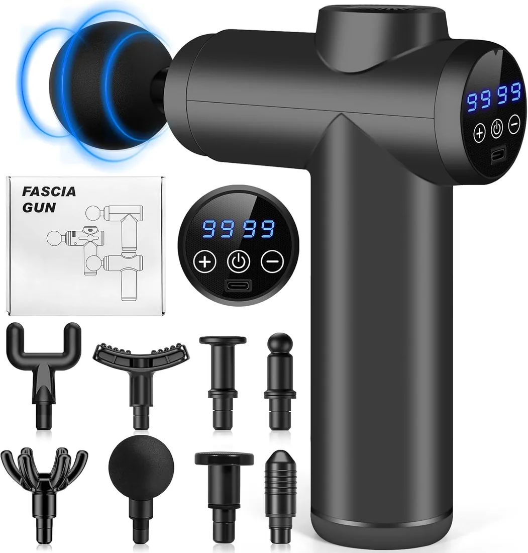 AQXONG Mini Pistola de Masaje Muscular, 99 Velocidades, Pistola de Masaje Ultrasilenciosa, 8 Cabezales de Masaje, Pantalla LCD, Batería de 2000mAh Masajeador Portátil - Alivia el Dolor Muscular foto 2