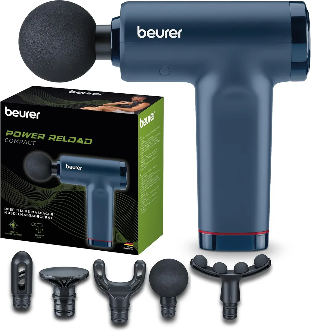 Beurer PowerReload pistola de masaje, masaje de puntos gatillo para relajación y regeneración, potente dispositivo de masaje muscular con 5 cabezales, 5 niveles de intensidad,extremadamente silenciosa