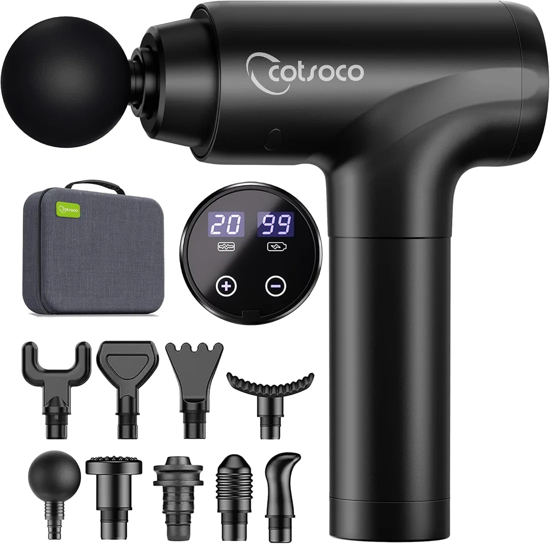 cotsoco Pistola de Masaje Muscular, Masajeador Eléctrico de Tejido Profundo con 20 Velocidades, 9 Cabezales Intercambiables, Pantalla LCD Táctil, Silencioso y Potente para Aliviar el Dolor