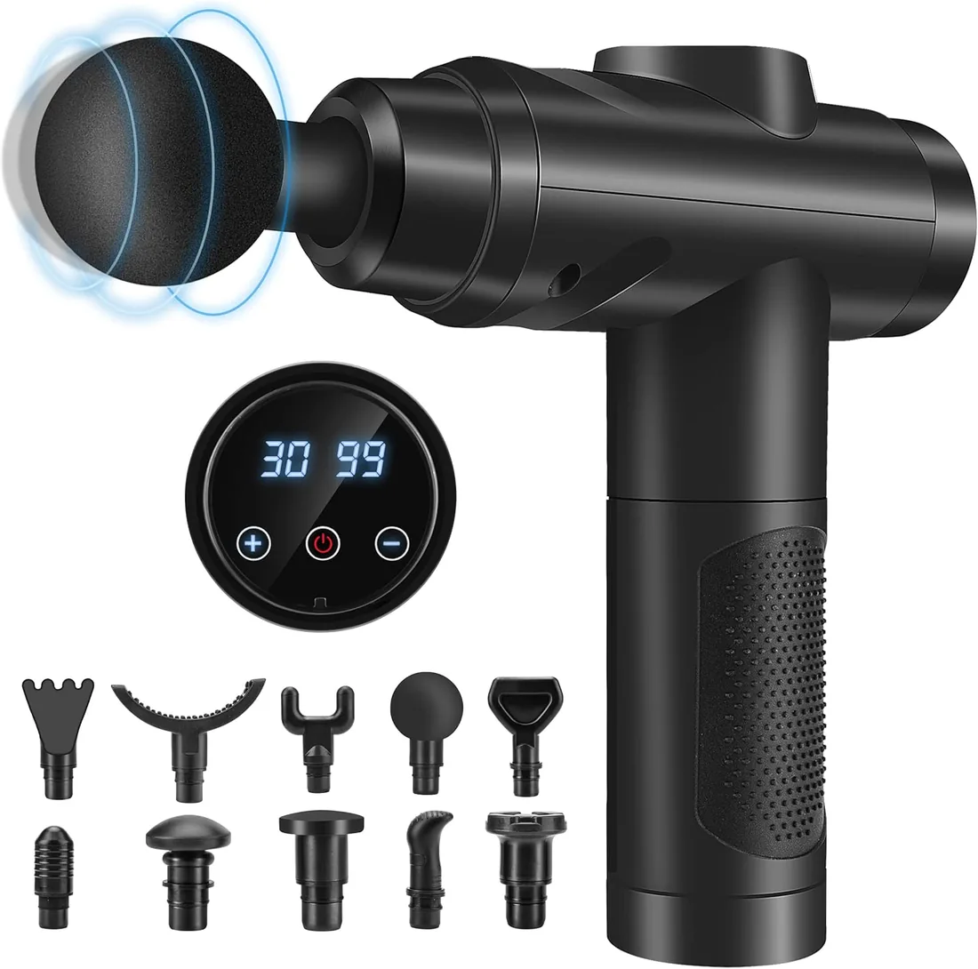 Pistola de Masaje Muscular, Masajeador Profesional con 30 Velocidades para Masaje Profundo, Pantalla Táctil LCD y 10 Cabezales para Espalda, Hombros, Piernas, Regalo para Hombre y Mujer (Negro)
