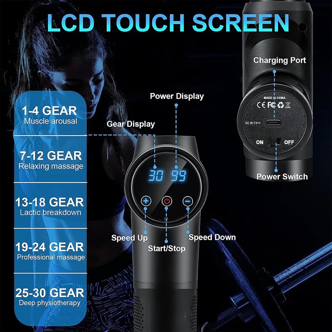 Pistola de Masaje Muscular, Masajeador Profesional con 30 Velocidades para Masaje Profundo, Pantalla Táctil LCD y 10 Cabezales para Espalda, Hombros, Piernas, Regalo para Hombre y Mujer (Negro) foto 3