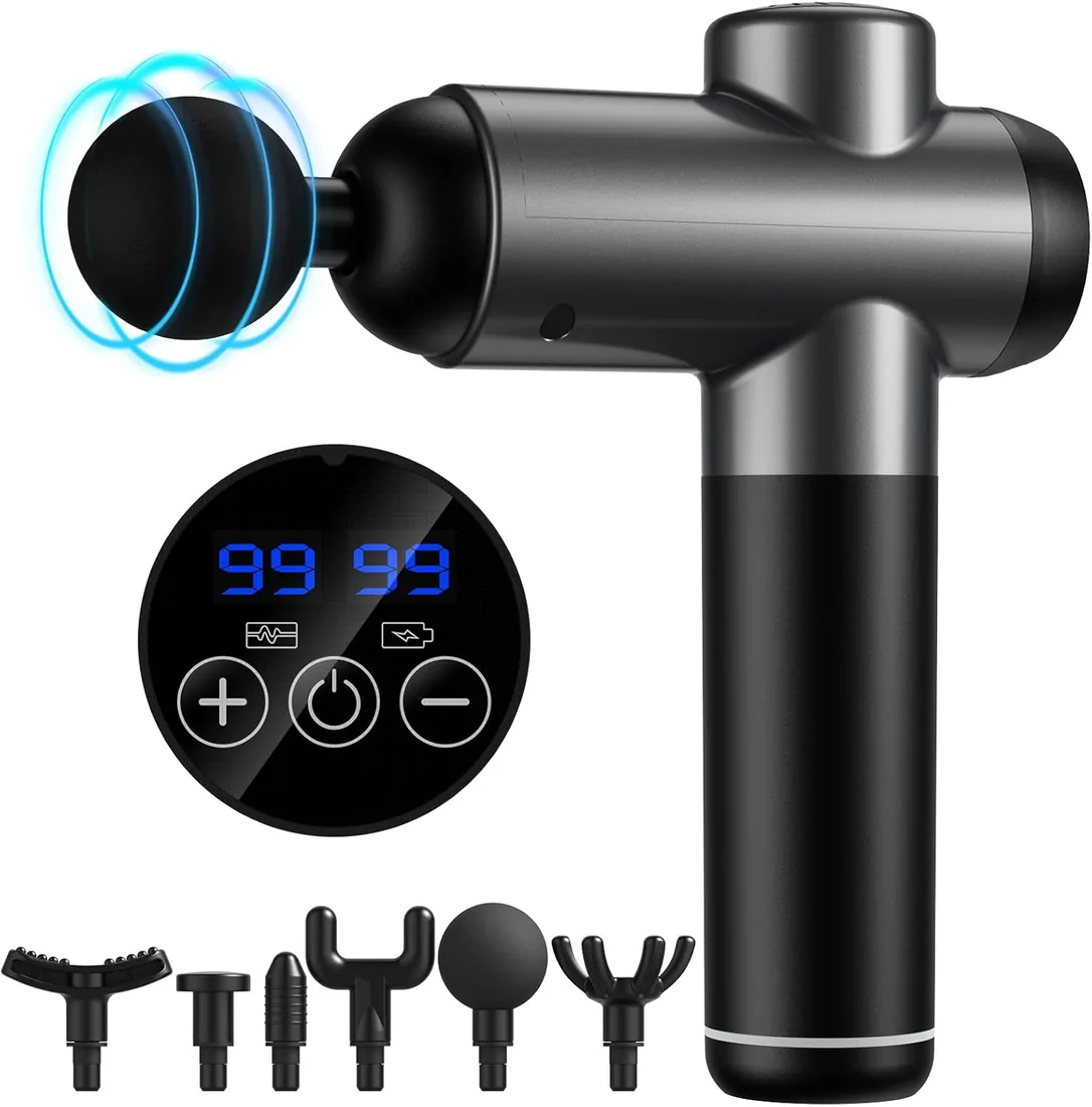 Pistola de Masaje Muscular, Pistola Masajeadora Muscular de Tejido Profundo con 99 Niveles Ajustables, 6 Cabezales de Masaje, Pantalla LCD Táctil, para Aliviar el Dolor Muscular (Negro Carbón) foto 2