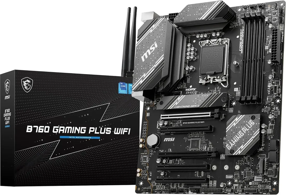 B760 Gaming Plus WiFi | Para Intel Core 14e, 13ª y 12ª gen., DDR5 Memory Boost 6800+MHz/OC, ranuras PCIe 4.0 x16, ranuras M.2 Gen4, Wi-Fi 6E