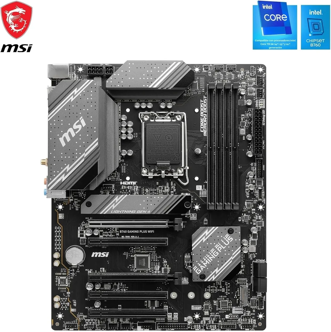 B760 Gaming Plus WiFi | Para Intel Core 14e, 13ª y 12ª gen., DDR5 Memory Boost 6800+MHz/OC, ranuras PCIe 4.0 x16, ranuras M.2 Gen4, Wi-Fi 6E foto 2