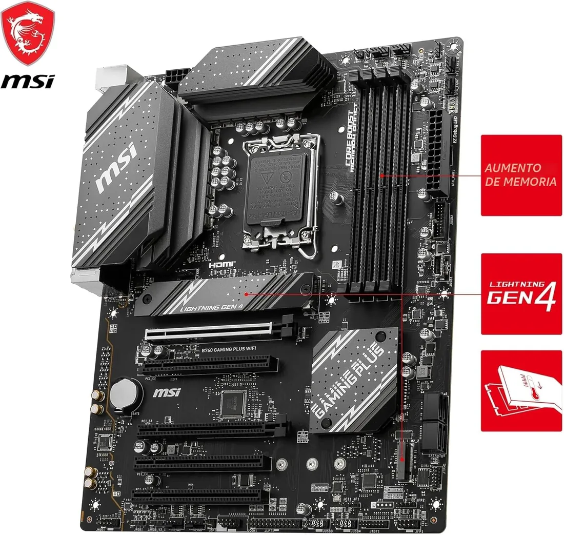 B760 Gaming Plus WiFi | Para Intel Core 14e, 13ª y 12ª gen., DDR5 Memory Boost 6800+MHz/OC, ranuras PCIe 4.0 x16, ranuras M.2 Gen4, Wi-Fi 6E foto 3