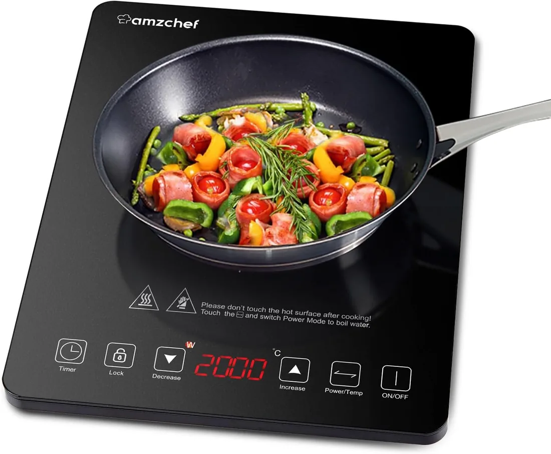 Placa Inducción Portatil AMZCHEF, placa de inducción de 2000 W con con diseño ultrafino, 20 niveles de temperatura y 20 ajustes de potencia, cronómetro de 3 horas, cerradura de seguridad, negro