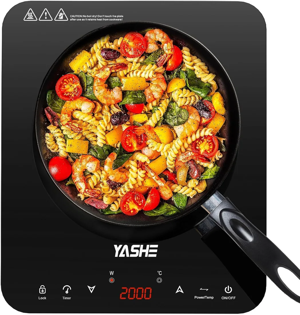 YASHE Placa de inducción – Placa de inducción portátil, 10 ajustes de potencia y 10 ajustes de temperatura. Placa de inducción de 2000 vatios, temporizador de 4 horas, bloqueo para niños foto 2
