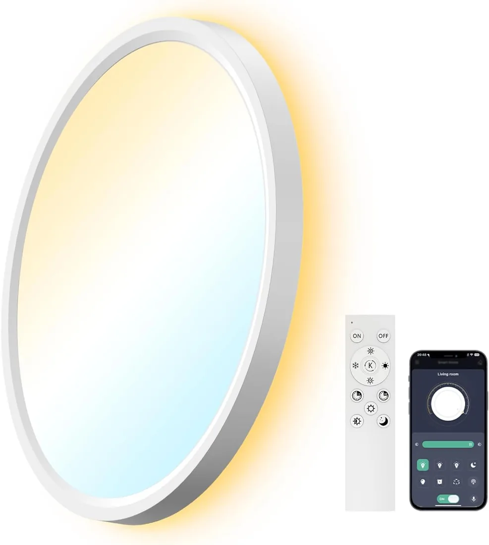 AIKVSXER Lámpara LED de Techo 24W Ø30 cm, Plafón Ultrafino Regulable con Control Inteligente, Temperatura de Color Ajustable 3000K–6500K, Mando a Distancia y App Móvil, con Luz Nocturna Integrada 5W