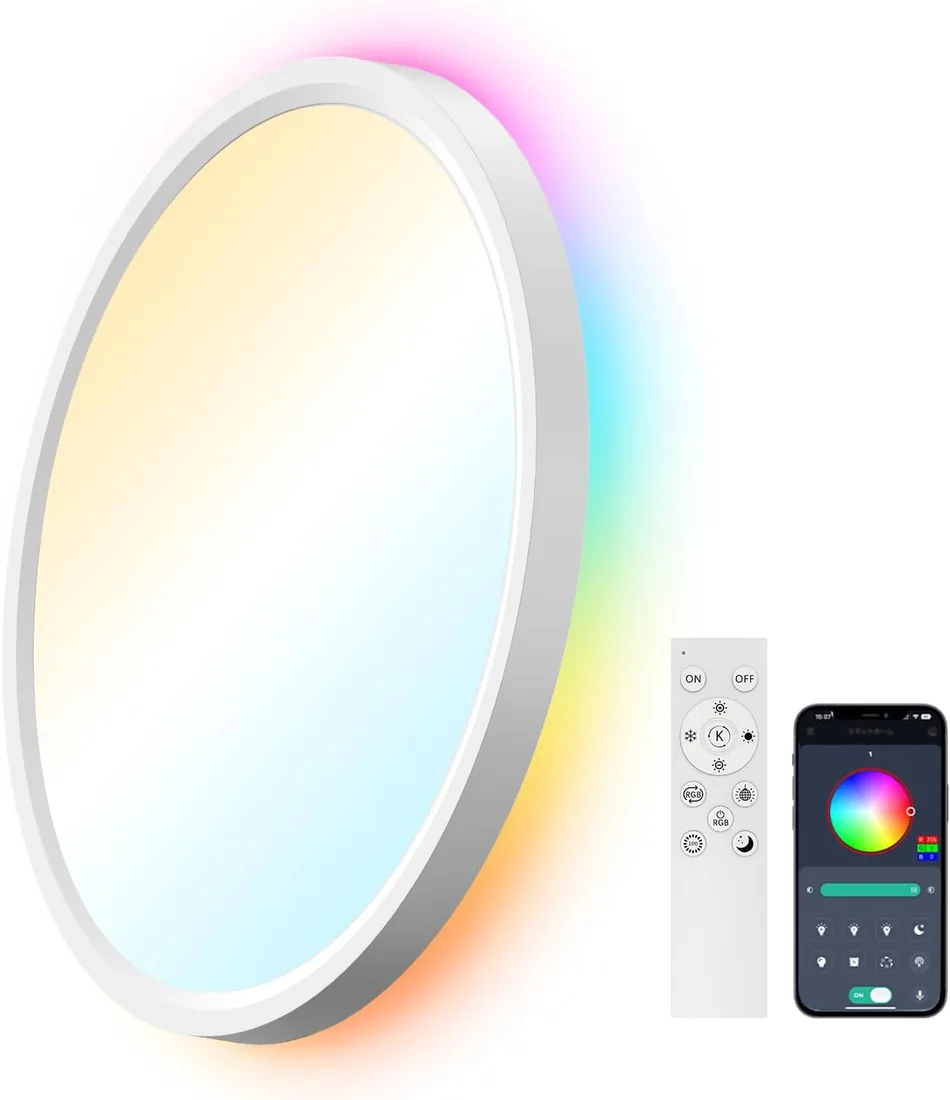 AIKVSXER Plafón LED Inteligente 24W Ø30 cm, Luz RGB Multicolor con Cambio de Color, Iluminación Blanca Regulable 3000–6500K, Control Remoto y App, Perfecto para Dormitorio, Salón y Espacios de Ocio