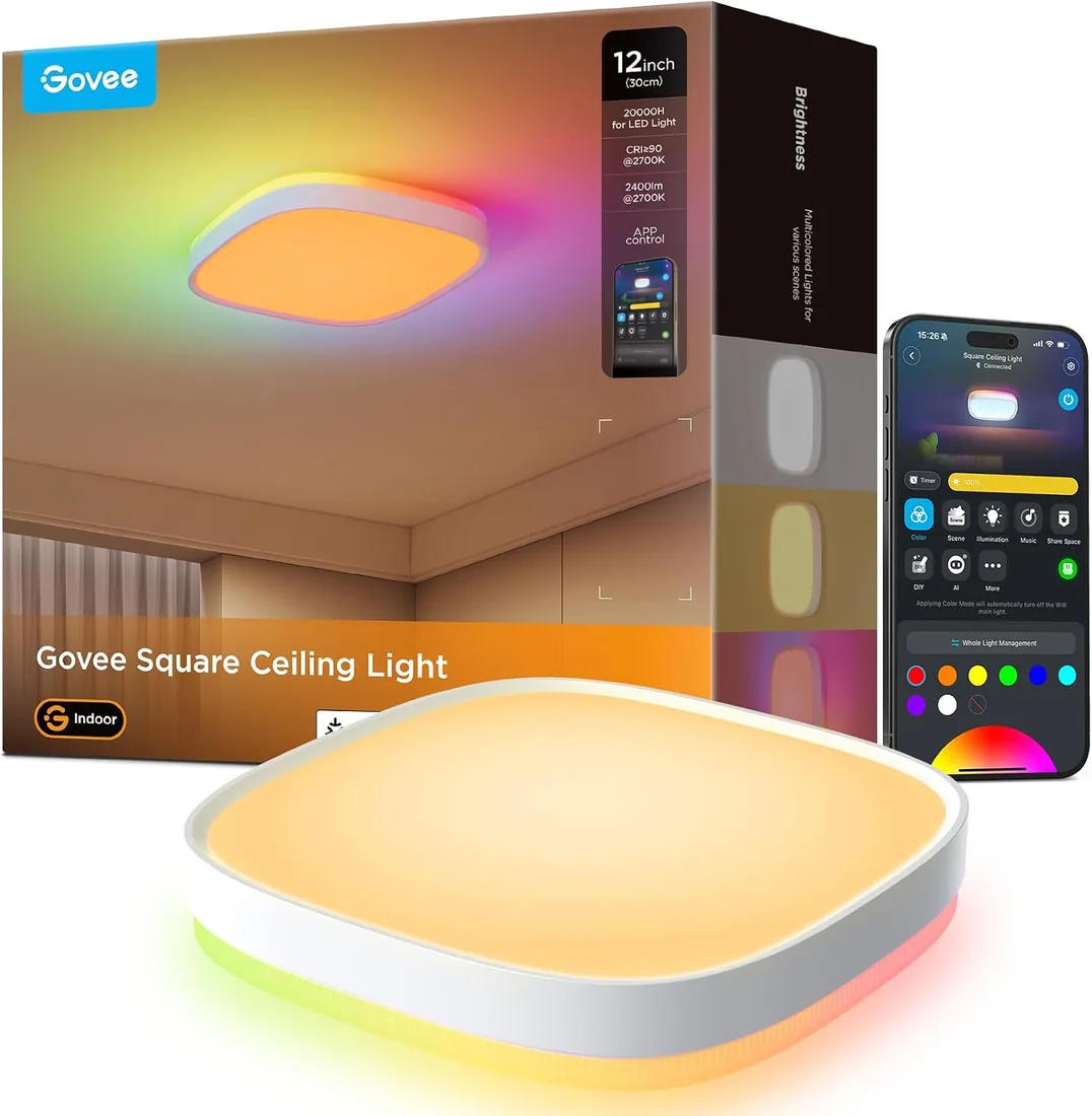 Govee Lampara Techo Cuadrada RGBIC, Inteligente Plafon LED 2400lm, 30cm | 2700K a 6500K, 16 Millones de Colores, 70+ Escenas, Compatible con APP Matter Alexa, Adecuado para Salón Dormitorio y Cocina foto 2