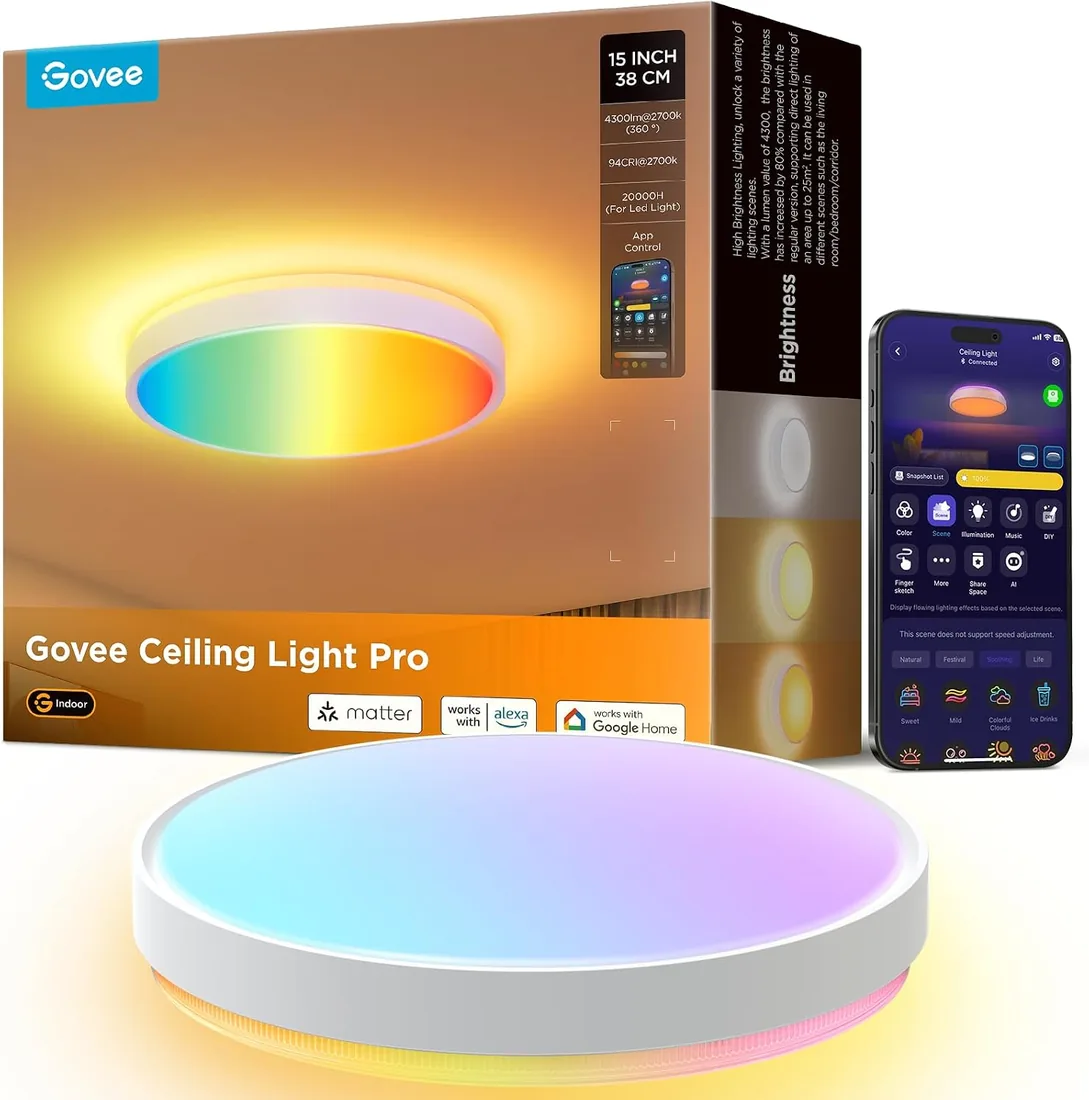 Govee Plafon LED Techo RGBIC 38cm, Lámpara Techo Inteligente 4300lm, 48,5W | Trabajar con Matter, Alexa, Google Assistant, 66+ modos de escena, Luz Interior para Salón, Dormitorio, Cocina, Pasillo