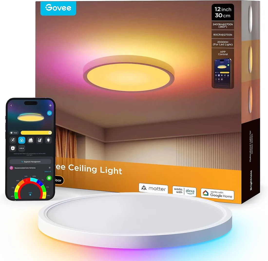 Govee RGBIC LED Plafón,30cm Lámpara Techo Inteligente, Plafon Techo 2400LM | 24W Plafon Techo con 16M de Colores DIY, Trabajar con Alexa, Google Assistant, Luz Interior para Dormitorio, Salón, Cocina