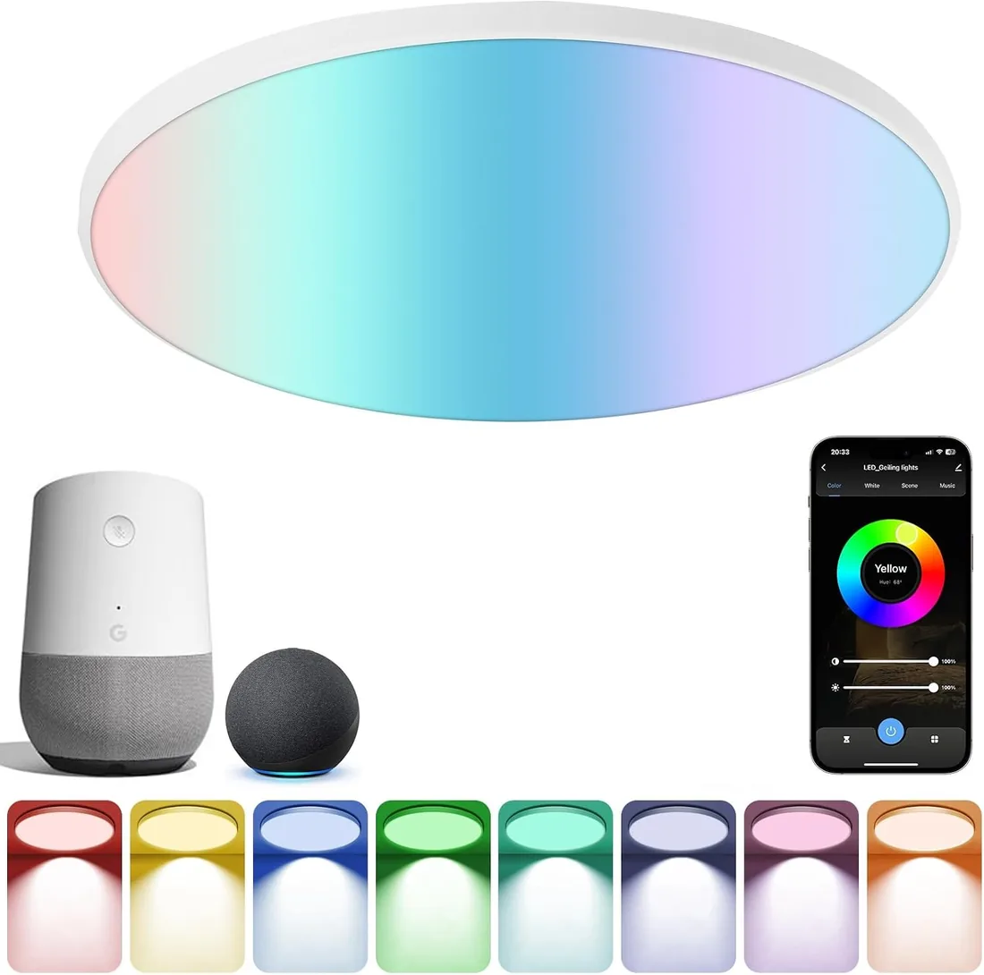 HOTUT - Lámpara de techo LED con RGB, lámpara con control remoto y control de APP, lámpara de techo LED 24W, lámpara de techo LED regulable 3000K-6500K, lámpara de techo LED para cocina, baño, oficina