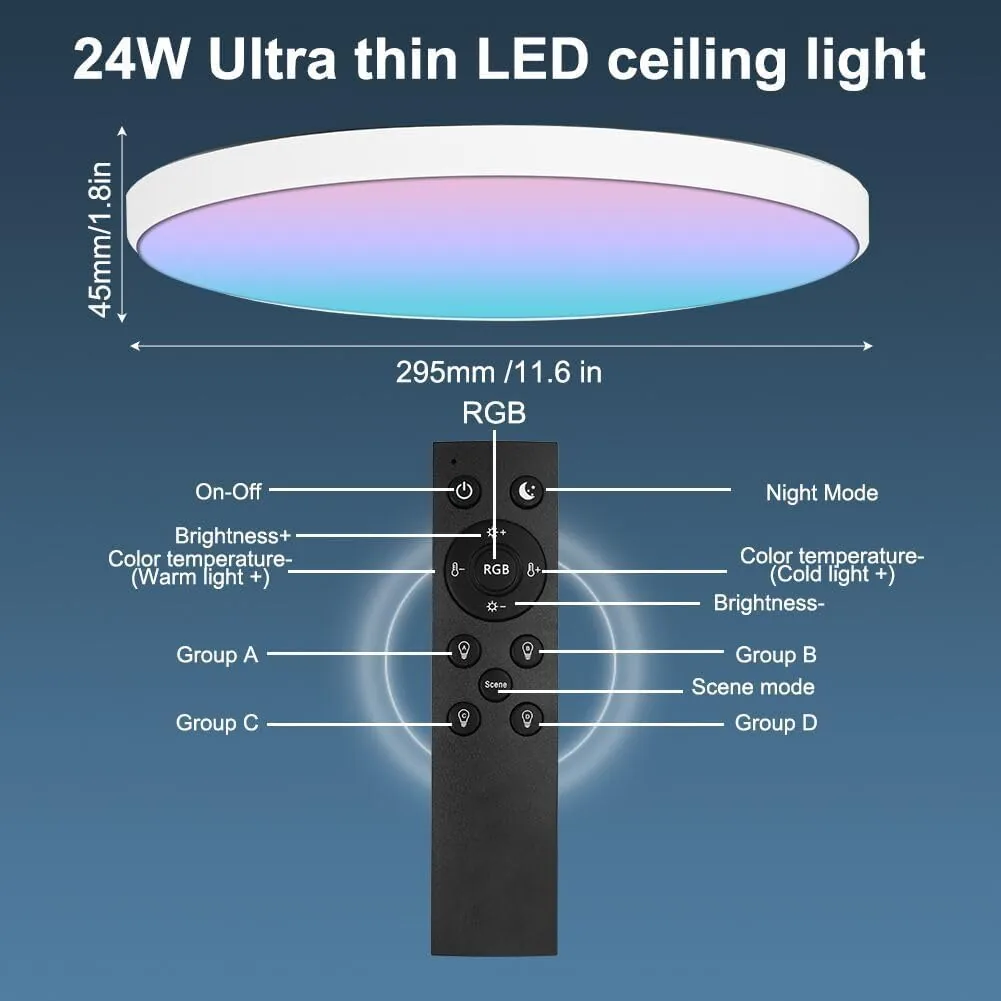 HOTUT - Lámpara de techo LED con RGB, lámpara con control remoto y control de APP, lámpara de techo LED 24W, lámpara de techo LED regulable 3000K-6500K, lámpara de techo LED para cocina, baño, oficina foto 2
