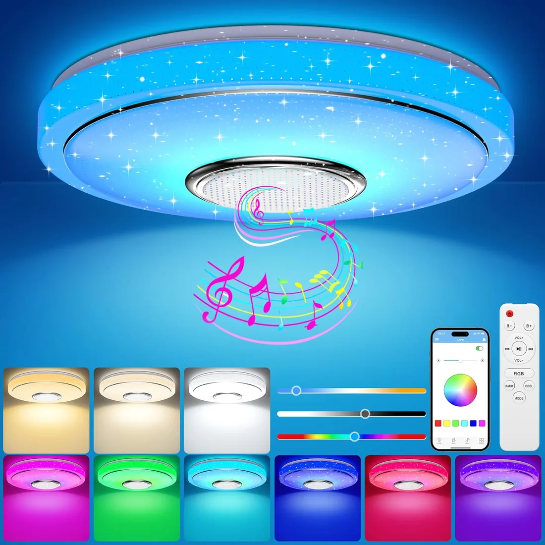 Lámpara de Techo LED Regulable 48W RGB Plafon LED Techocon Altavoz Bluetooth Ø30CM Plafón LED Lampara Techo con Mando a Distancia y Control APP Luz de Dormitorio Para Baño Sala de Estar