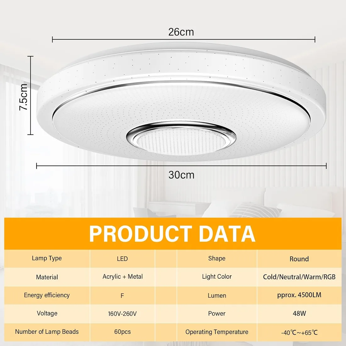 Lámpara de Techo LED Regulable 48W RGB Plafon LED Techocon Altavoz Bluetooth Ø30CM Plafón LED Lampara Techo con Mando a Distancia y Control APP Luz de Dormitorio Para Baño Sala de Estar foto 2
