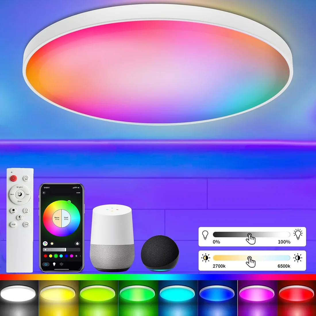 Lampara Techo LED 30W Cambia Color RGB, Regulable 2700K-6500K Dimmable, Control App/Mando a Distancia, Luz Inteligente Compatible con Alexa & Google Home para Dormitorio Salón Cocina foto 3