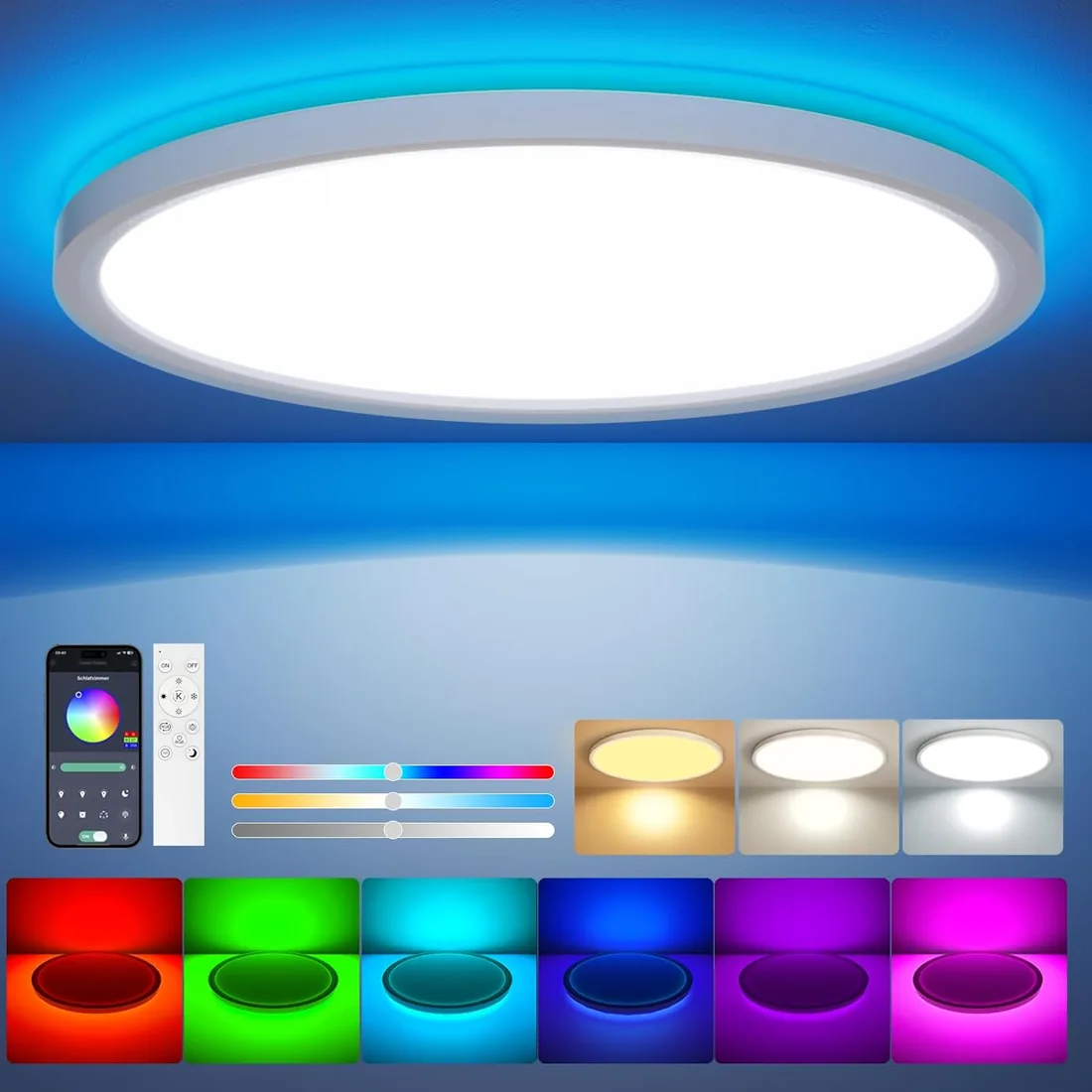 Plafón LED Ø30 cm 24W RGB 3000-6500K Luz de Techo Regulable | Control remoto y mediante aplicación, RGB multicolor, luz nocturna y regulable, ideal para dormitorio, salón y sala de juegos foto 3