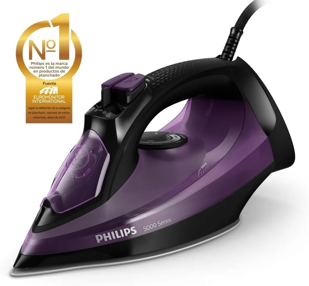 Philips Serie 5000 Plancha de Vapor, 2400W de Potencia, 45g/min, Golpe de Vapor 180g, Vapor Vertical, Suela SteamGlide Plus, Negro/Púrpura (DST5030/80) foto 2
