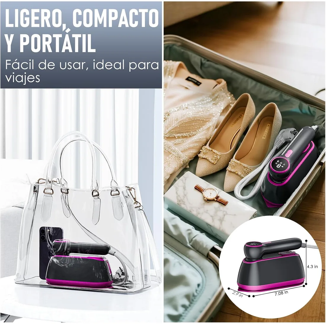 Plancha Vertical Vapor 2 en 1 para Viaje, Plancha de Vapor Portátil 1200W | con Mango Giratorio 180°, Lista en 10 Segundos, 3 Niveles de Vapor, Pantalla LCD y Depósito 165 ml Ideal para Viajes y Hogar foto 2