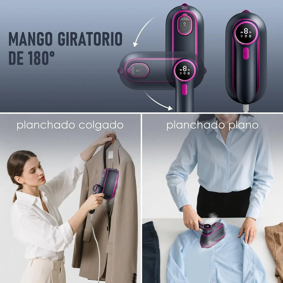 Plancha Vertical Vapor 2 en 1 para Viaje, Plancha de Vapor Portátil 1200W | con Mango Giratorio 180°, Lista en 10 Segundos, 3 Niveles de Vapor, Pantalla LCD y Depósito 165 ml Ideal para Viajes y Hogar foto 3
