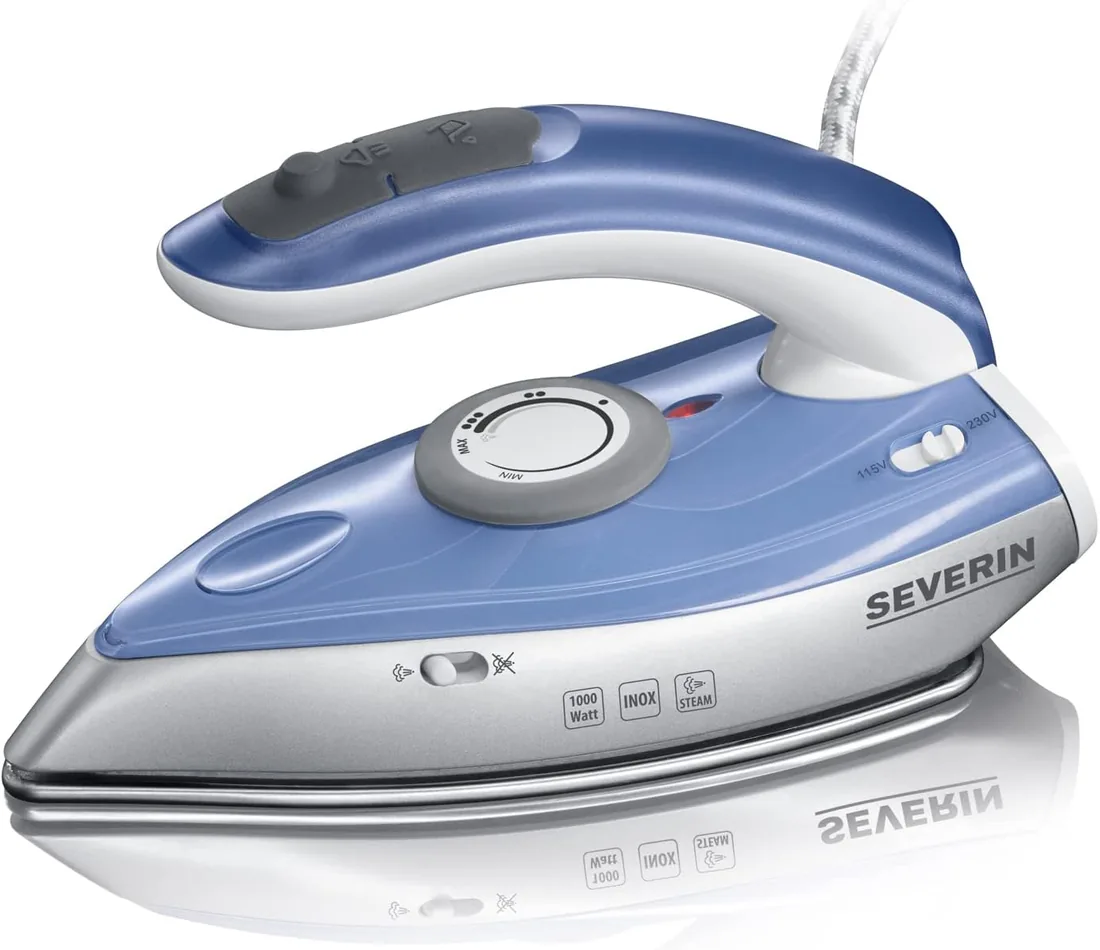 SEVERIN Plancha de Viaje, planchado a vapor y en seco, chorro de vapor vertical, Bitensión 115/230 V, 1000 W, 50 ml, Dimensiones 20 x 9,2 x 11 cm, Azul/Plateado BA 3234 foto 2
