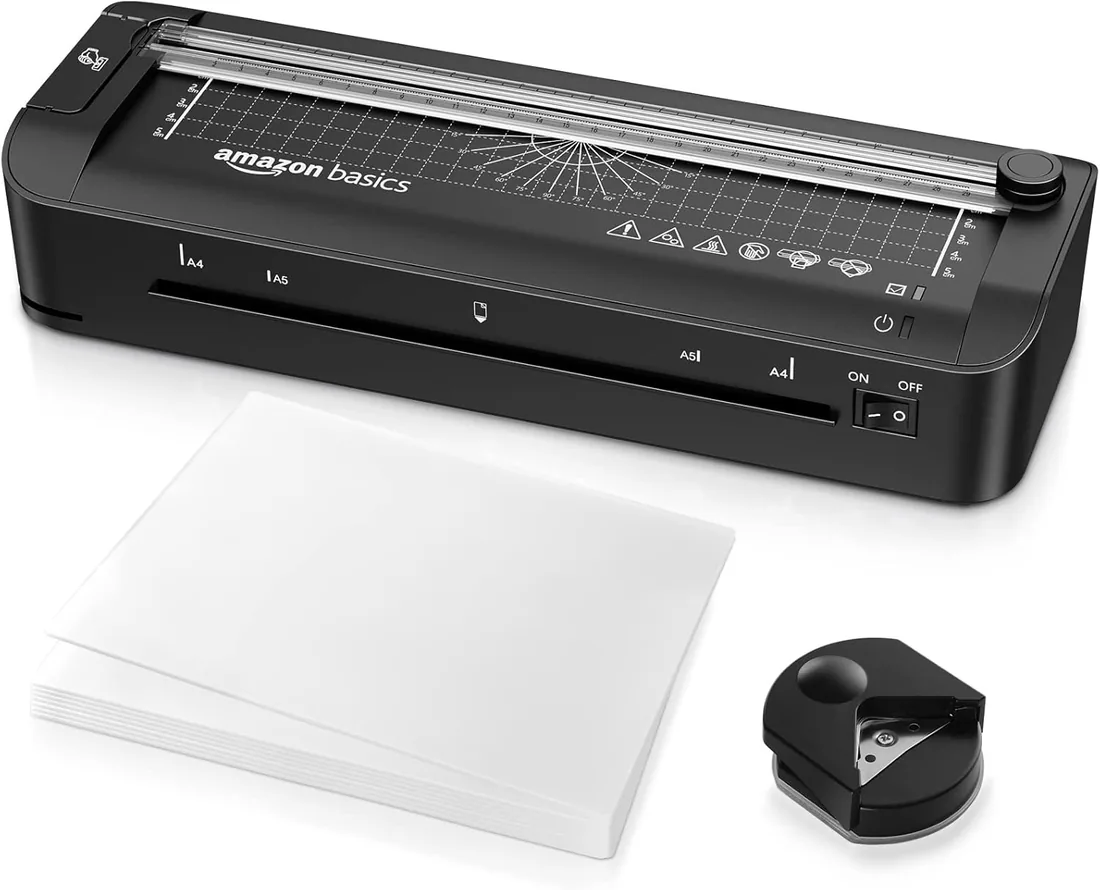 Amazon Basics Máquina de laminación térmica, 3 en 1, corta, perfora y redondea bordes, tamaño A4, 10 bolsas incluidas, enchufe de EU, Negro foto 2