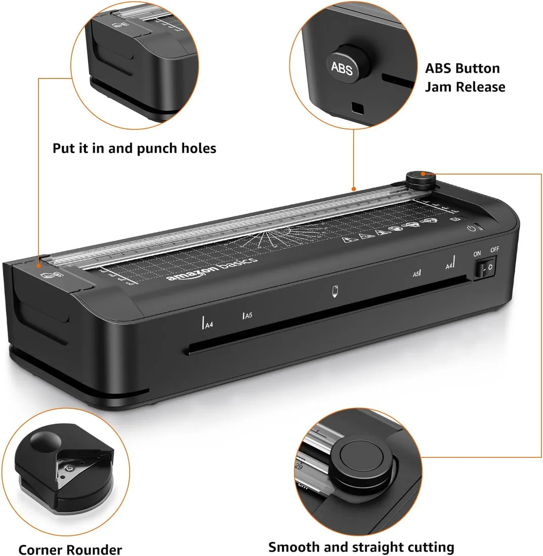 Amazon Basics Máquina de laminación térmica, 3 en 1, corta, perfora y redondea bordes, tamaño A4, 10 bolsas incluidas, enchufe de EU, Negro foto 3