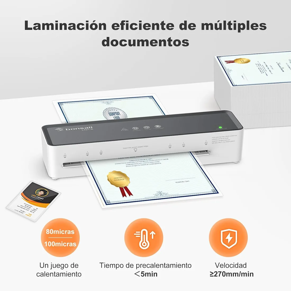 Bonsaii Plastificadora A4 compacta para casa y oficina | Para fundas 80-100 micras, reduce ondas y atascos, incluye 5 hojas A4 para empezar. L421-A foto 3