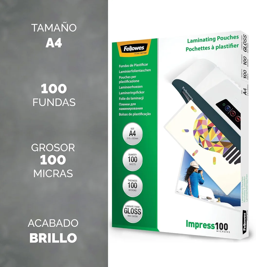 Fellowes Fundas de Plastificar A4, acabado brillo, 100 hojas, 200 micras (2 x 100 micras), acabado de calidad, adecuadas para fotos, avisos y creatividades foto 2