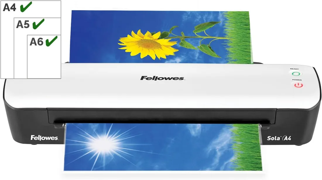 Fellowes Sola A4 - Plastificadora de documentos, para uso ocasional, lista para usar en 4 minutos, plastificadora A4 con apagado automático, 80-125 micras, color blanco, exclusiva de Amazon