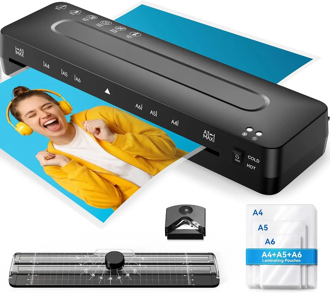 Plastificadora A3 Máquina de Laminadora - 5 en 1 Plastificadora A3 y A4 | Guillotina A3 A4 A5 A6 en A3 Plastificadora Modo Frío y Caliente, Redondeador de Esquina y Bolsas para Colegio Oficina Hogar