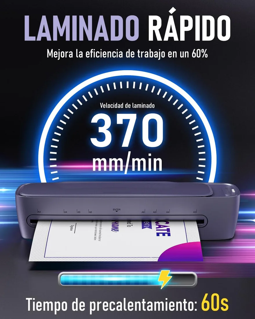 Plastificadora A3 y A4 con Guillotina, en caliente y en frío | Kit 9 en 1: 30 fundas en cuatro tamaños, redondeador, perforadora y 3 anillas para casa, colegio y oficina foto 2