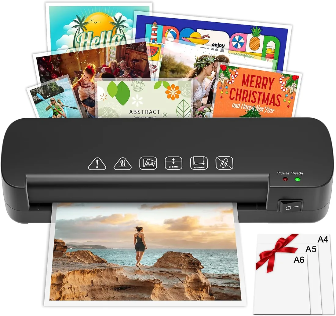 Plastificadora A4 4 en 1, Laminadora Térmica para A4/A5/A6, 70-100 Micras | Precalentamiento en 3-4 min y velocidad de 260 mm/min. Incluye 15 fundas para plastificar fotos, documentos y manualidades