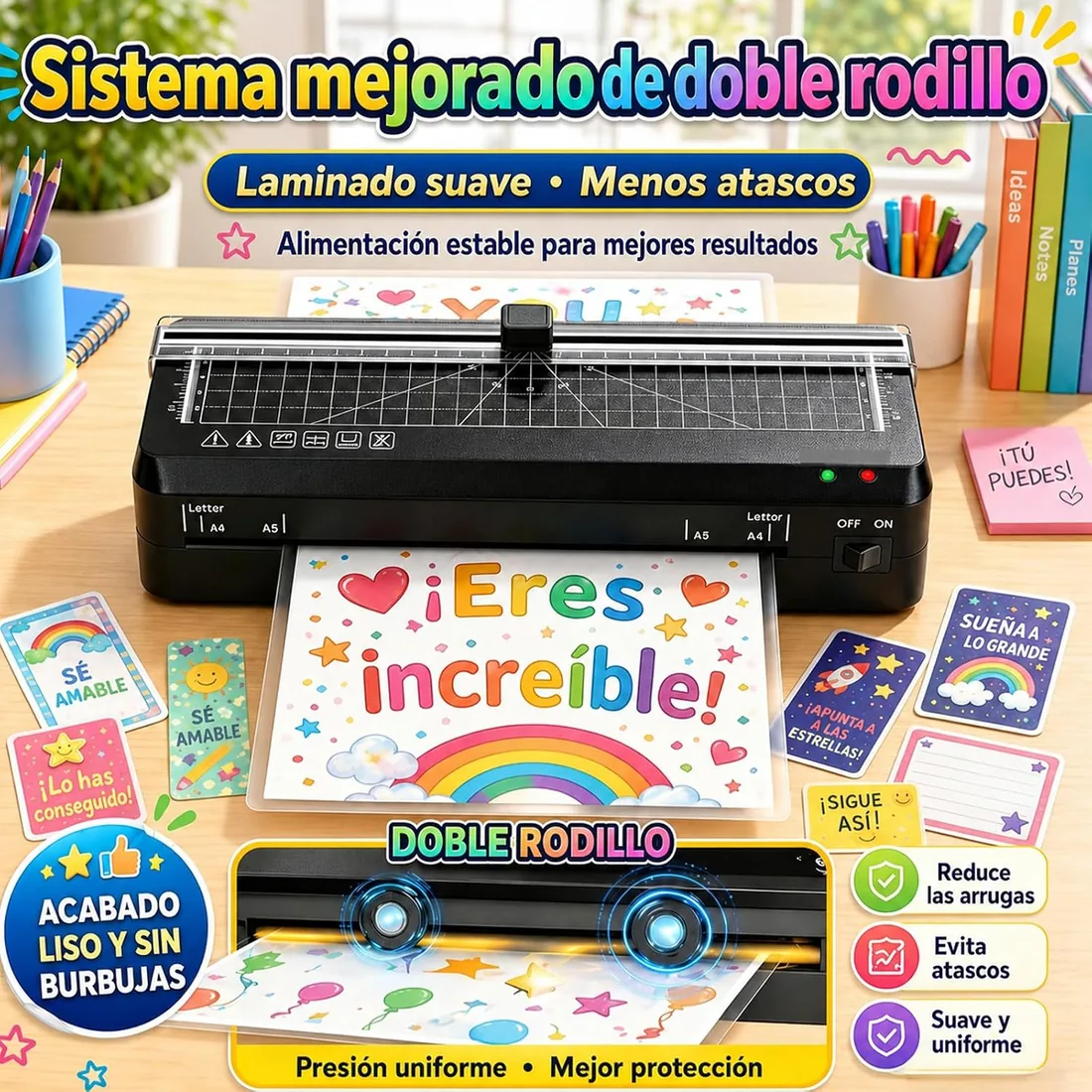 Plastificadora, Plastificadora A4 Calentamiento rápido 70 s | Control de temperatura NTC, Cortador integrado, Función ABS antiatasco, Portátil para Colegio, Oficina y Hogar foto 2
