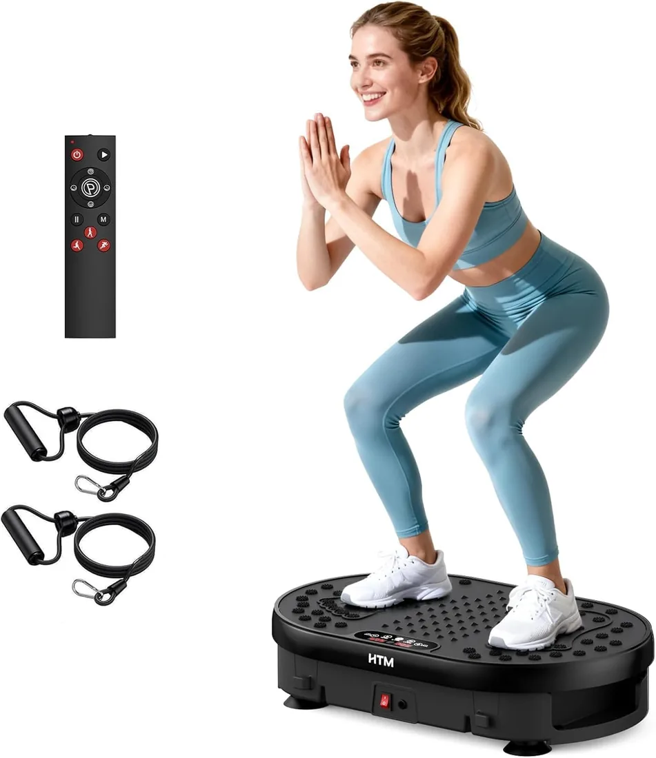 HTM Plataforma Vibratoria, Plataforma Vibración Muscular Silenciosa y Compacta para Moldear el Cuerpo y Relajarse, con 2 Bandas Elásticas, Aptas para Uso Doméstico